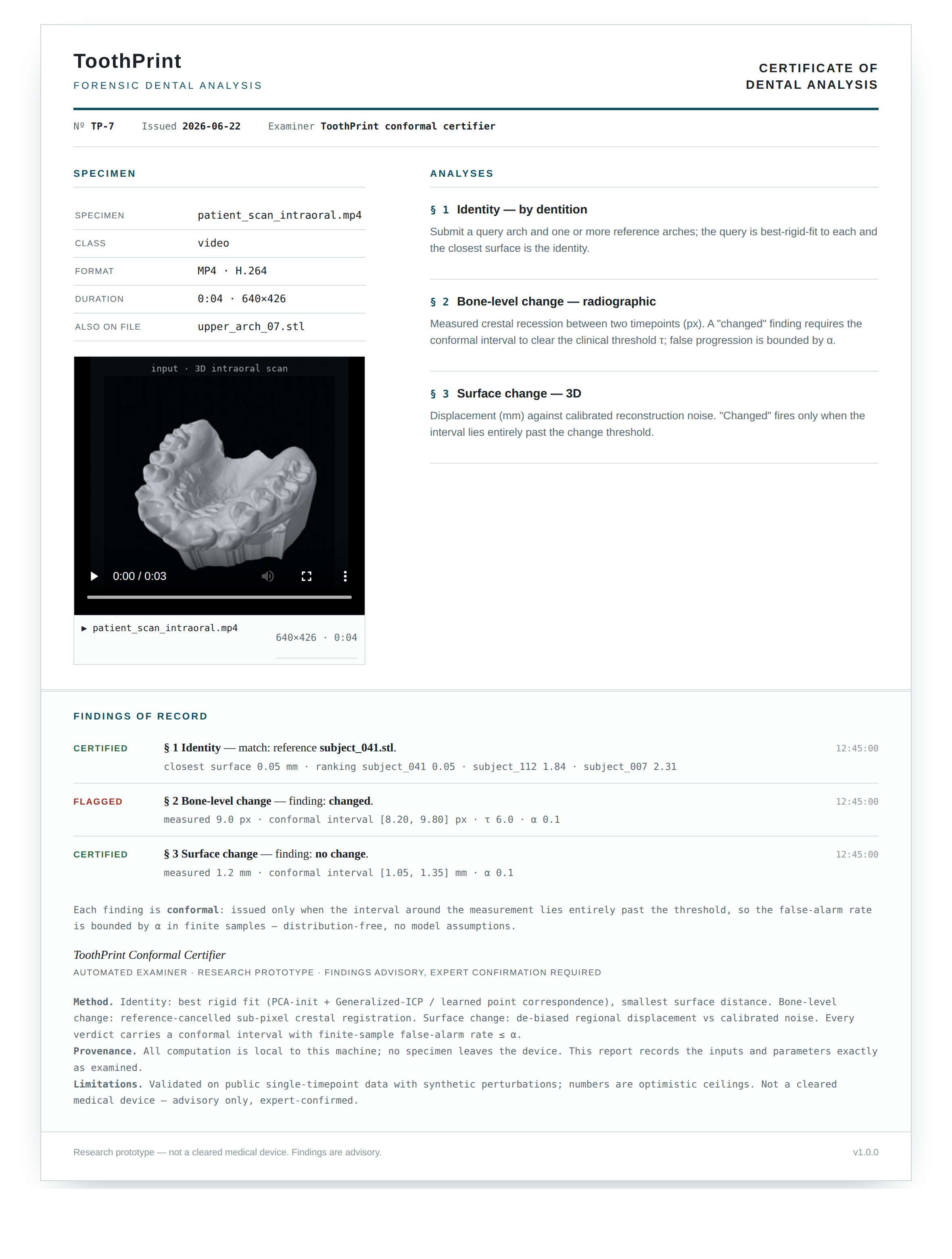 The exported ToothPrint PDF report: inputs, every finding, method, provenance, and limitations on one self-contained sheet.